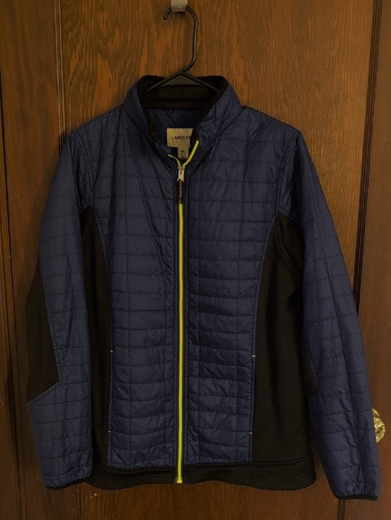 Lands' End Other - Lands' End Quilted Blue & Black Jacket with Lime Zipper